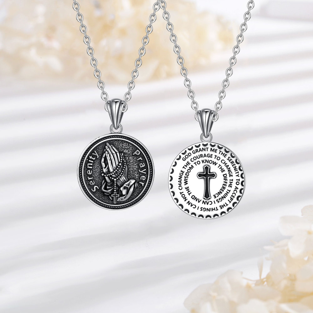 925 Sterling Silver Vintage Oxidized Praying Hand Serenity Prayer Pendant