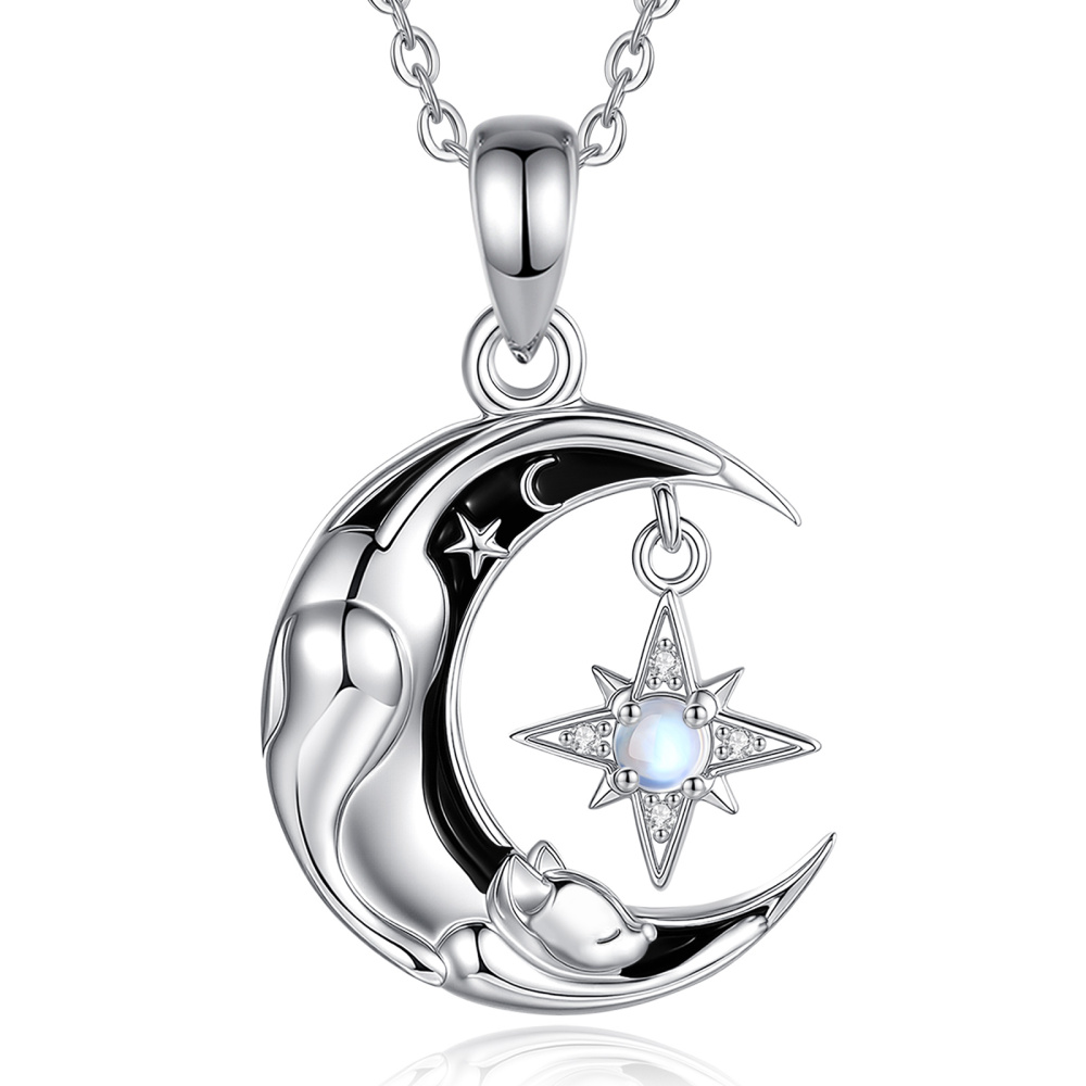 925 Sterling Silver Rhodium-Plated Moonstone & Black Enamel Moon Cat Pendant