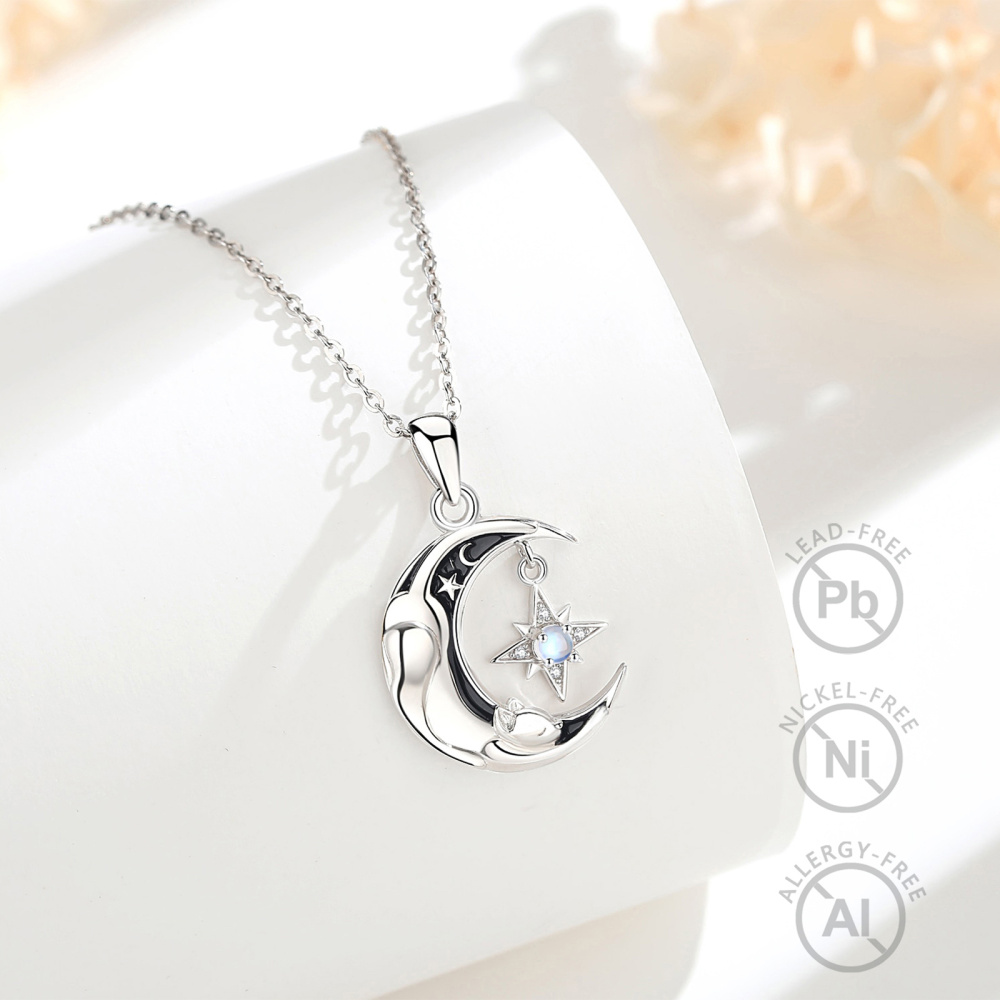 925 Sterling Silver Rhodium-Plated Moonstone & Black Enamel Moon Cat Pendant