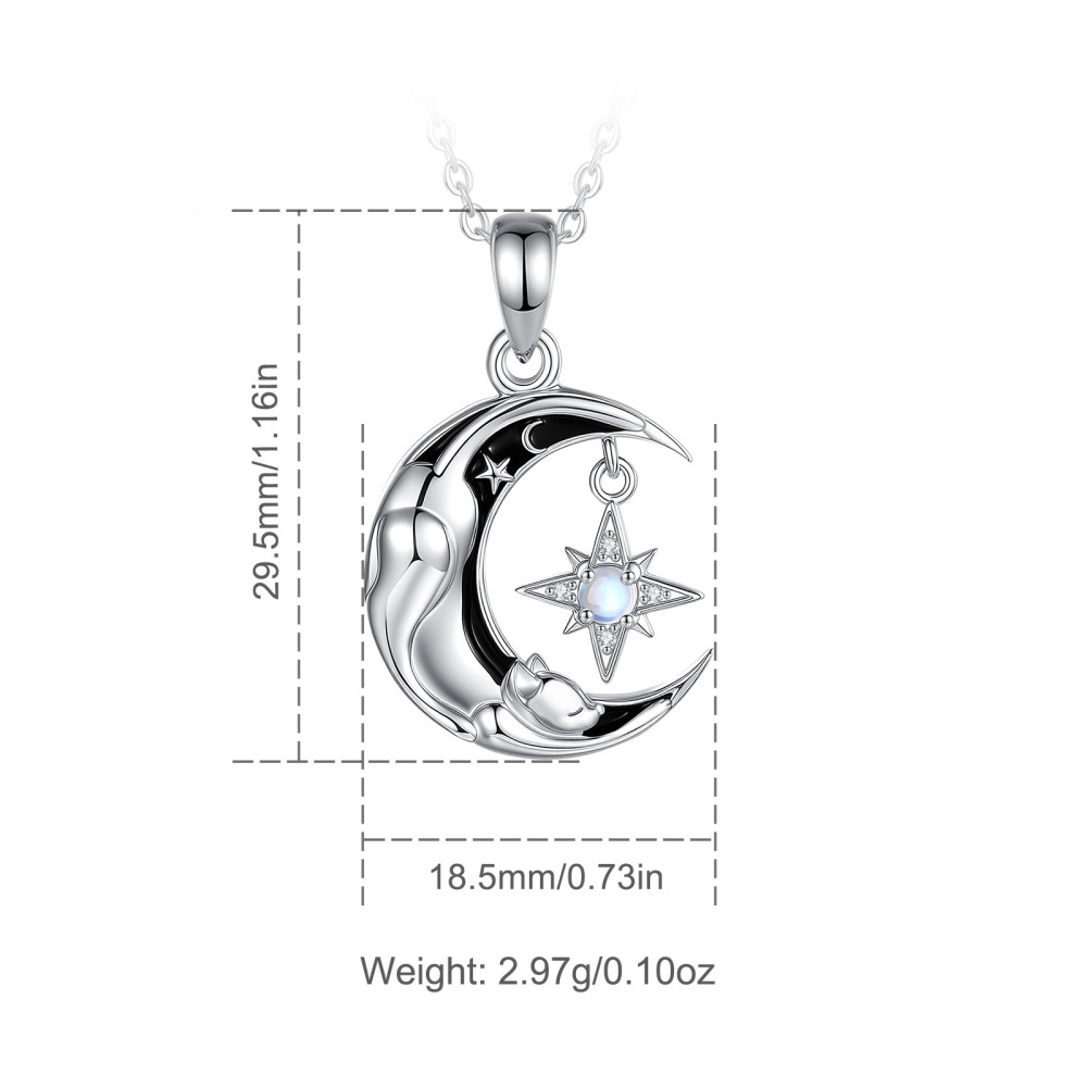 925 Sterling Silver Rhodium-Plated Moonstone & Black Enamel Moon Cat Pendant