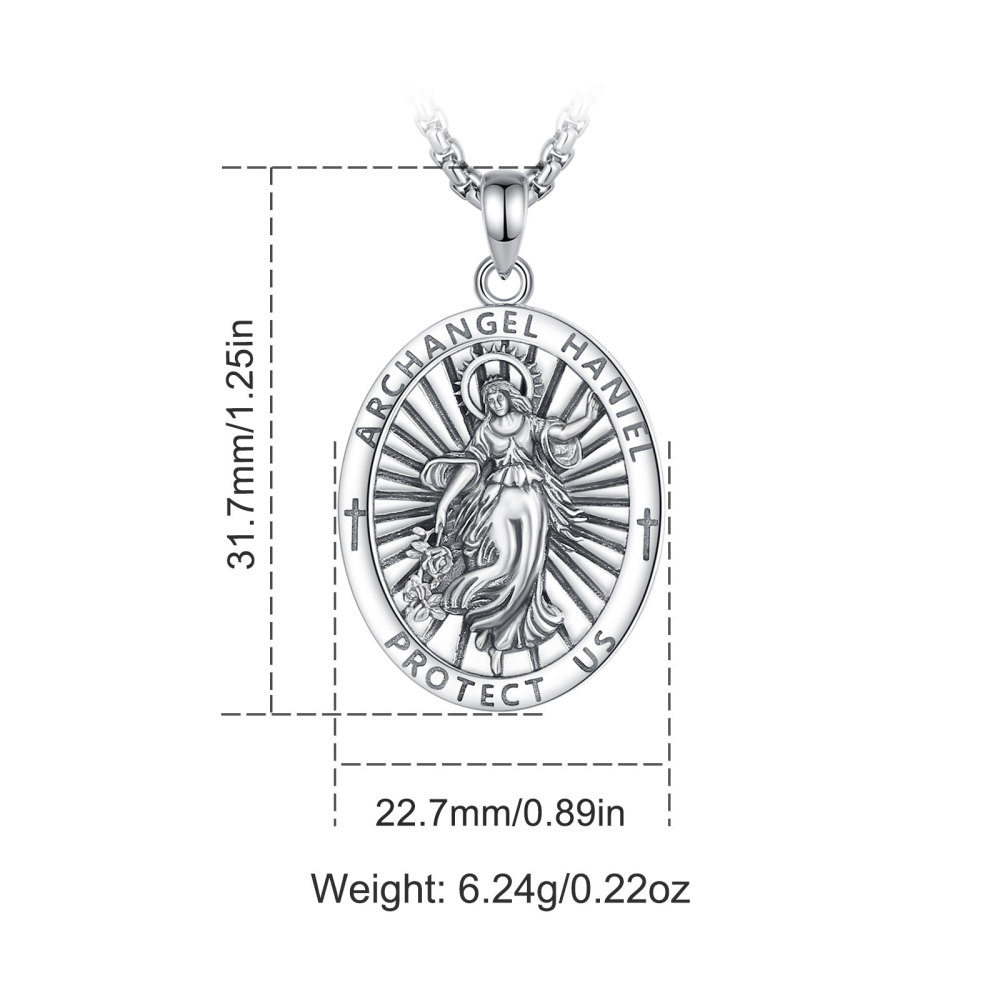 Oxidized Silver Archangel Haniel Medal Pendant