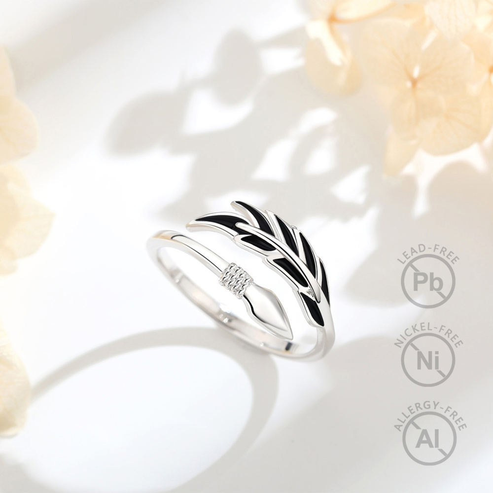 925 Sterling Silver Rhodium-Plated Feather & Arrow Ring