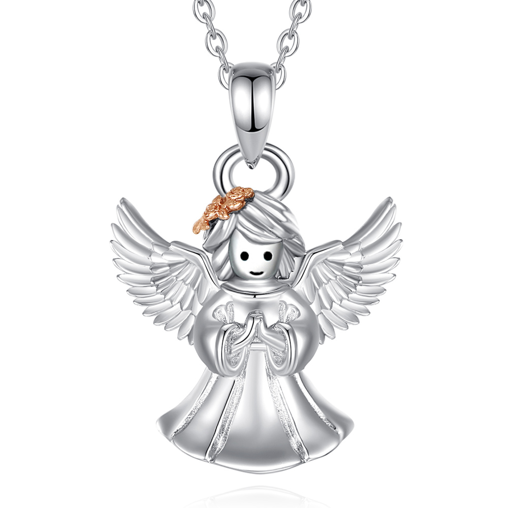 925 Sterling Silver Praying Angel Pendant Necklace in Rhodium
