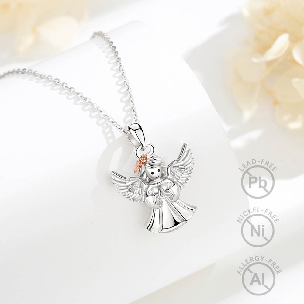 925 Sterling Silver Praying Angel Pendant Necklace in Rhodium