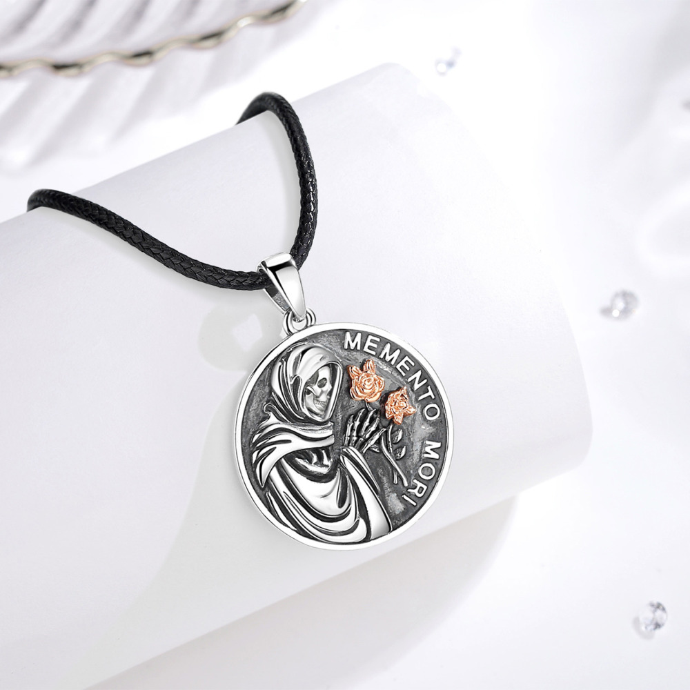 Memento Mori Pendant Necklace with Skull and Rose Design