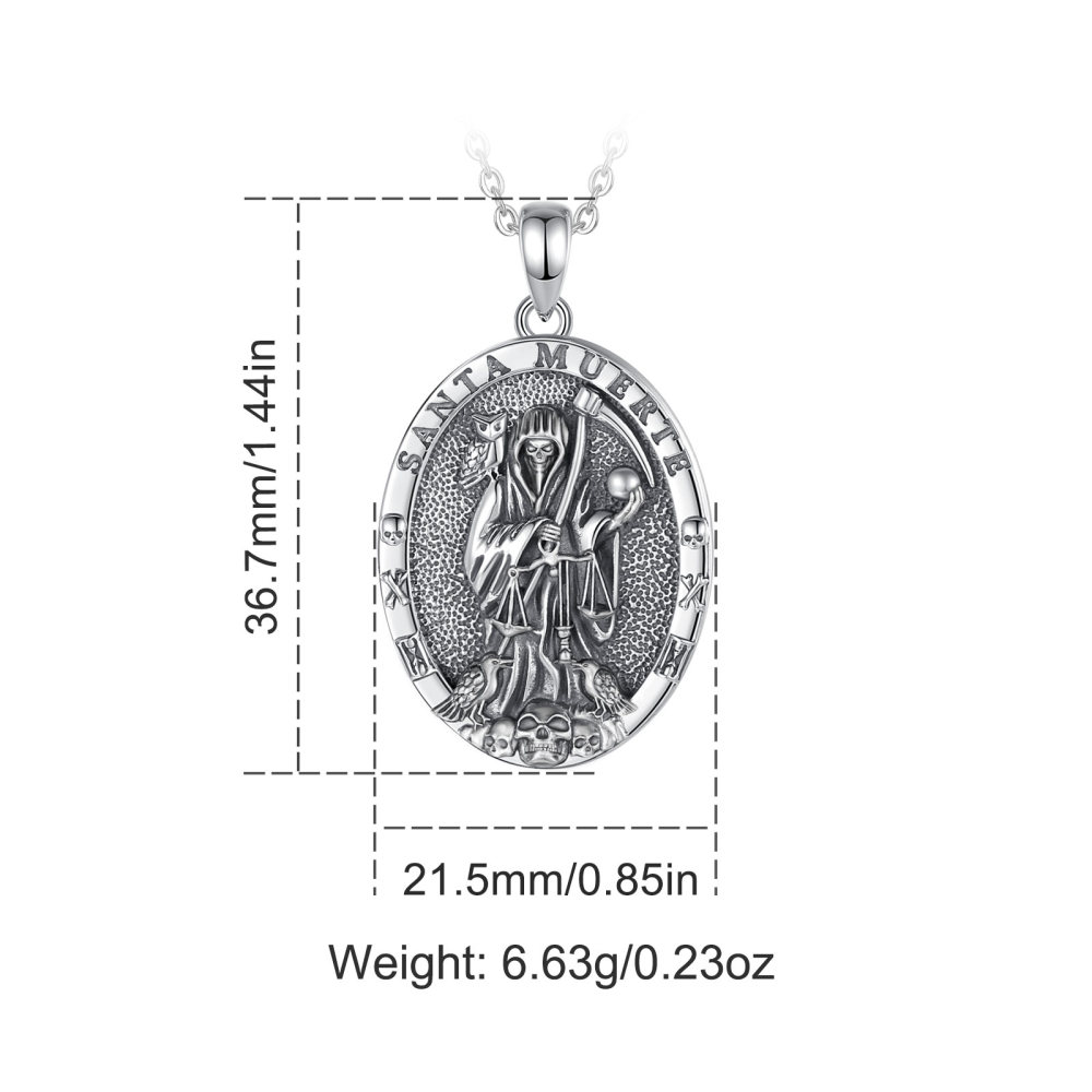 Santa Muerte Skull Pendant Necklace 925 Silver Oxidized