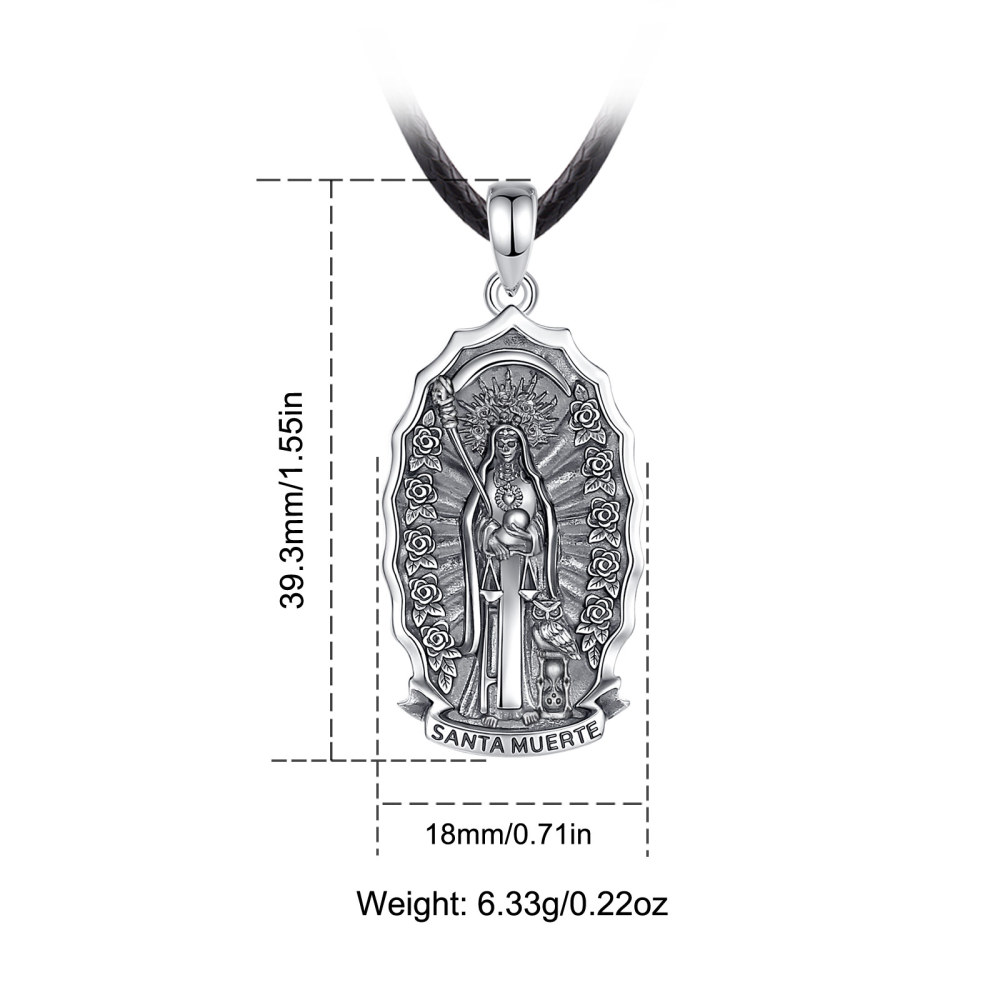 Santa Muerte Skull Pendant Necklace Sterling Silver Oxidized Gothic Amulet for Jewelry Wholesale