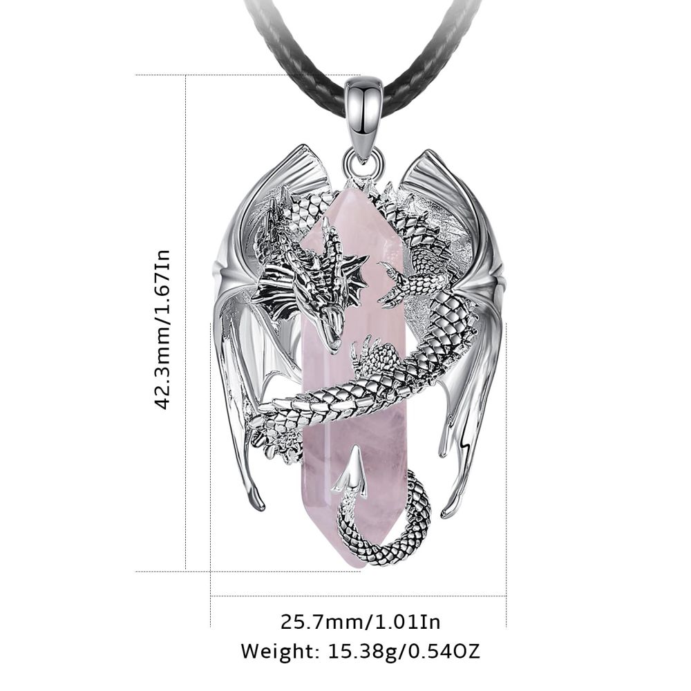 Silver-Plated Copper Pendant with Dragon and Hexagonal Rose Quartz