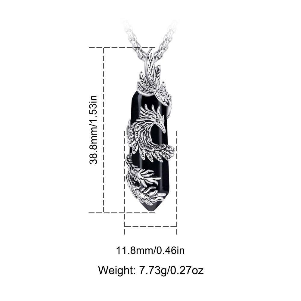 Silver Plated Hexagonal Black Obsidian Phoenix Pendant