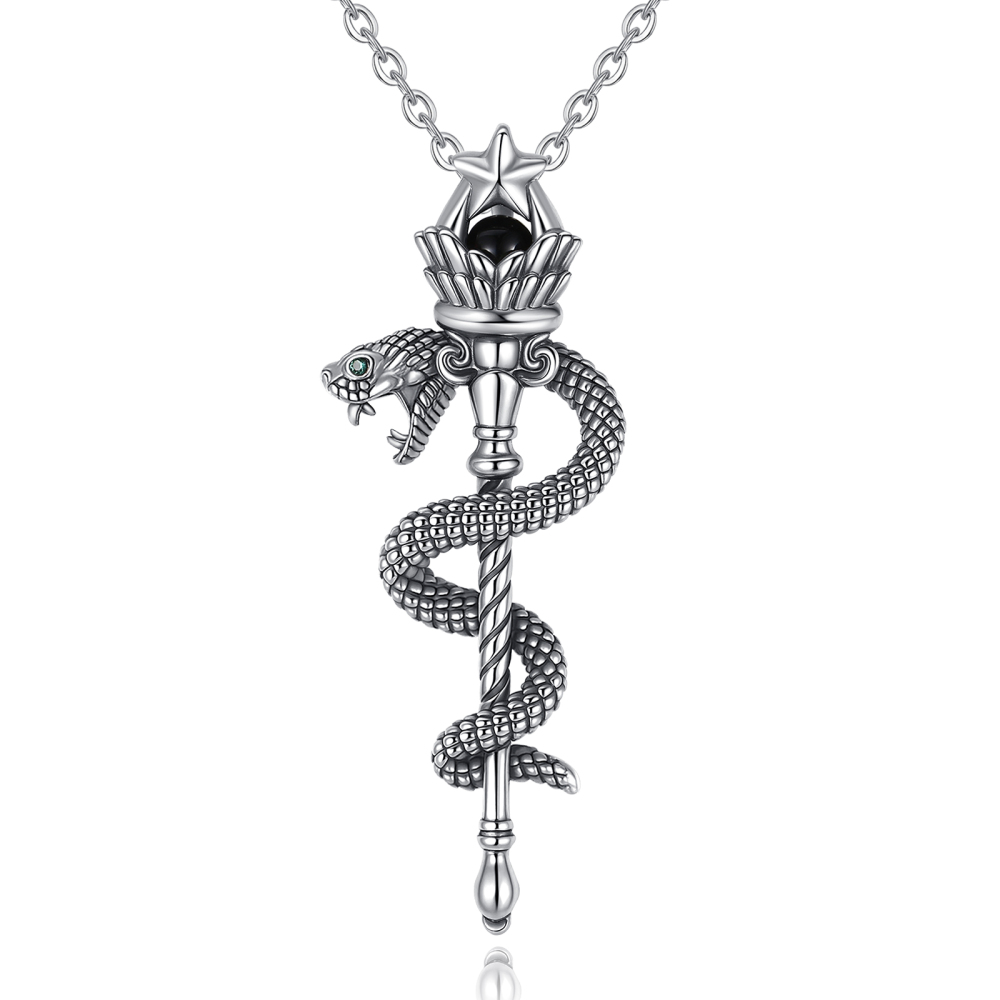 925 Sterling Silver Transformation Amulet Wicca Torch & Serpent Pendant