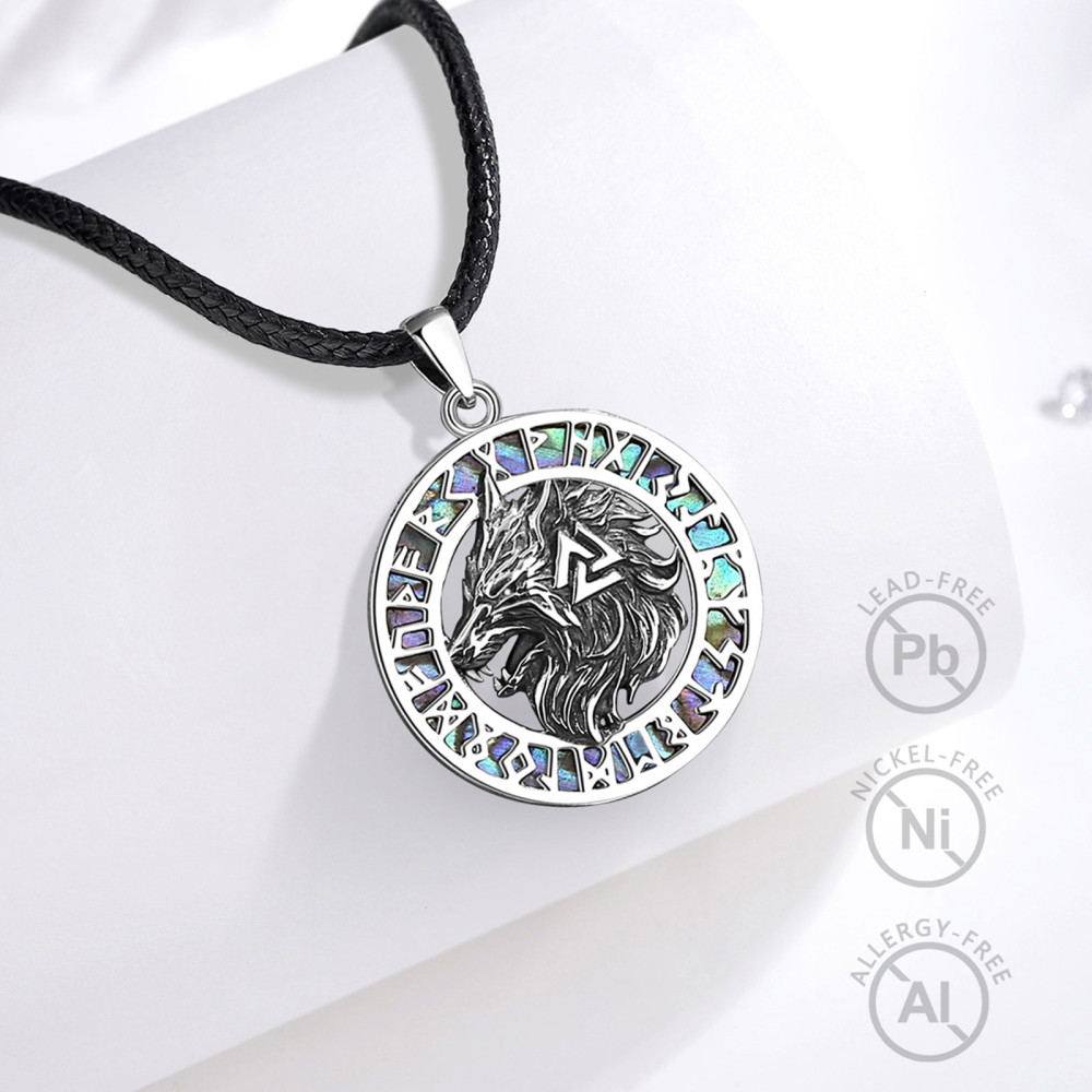 925 Sterling Silver Norse Viking Wolf Rune Pendant with Abalone Shell