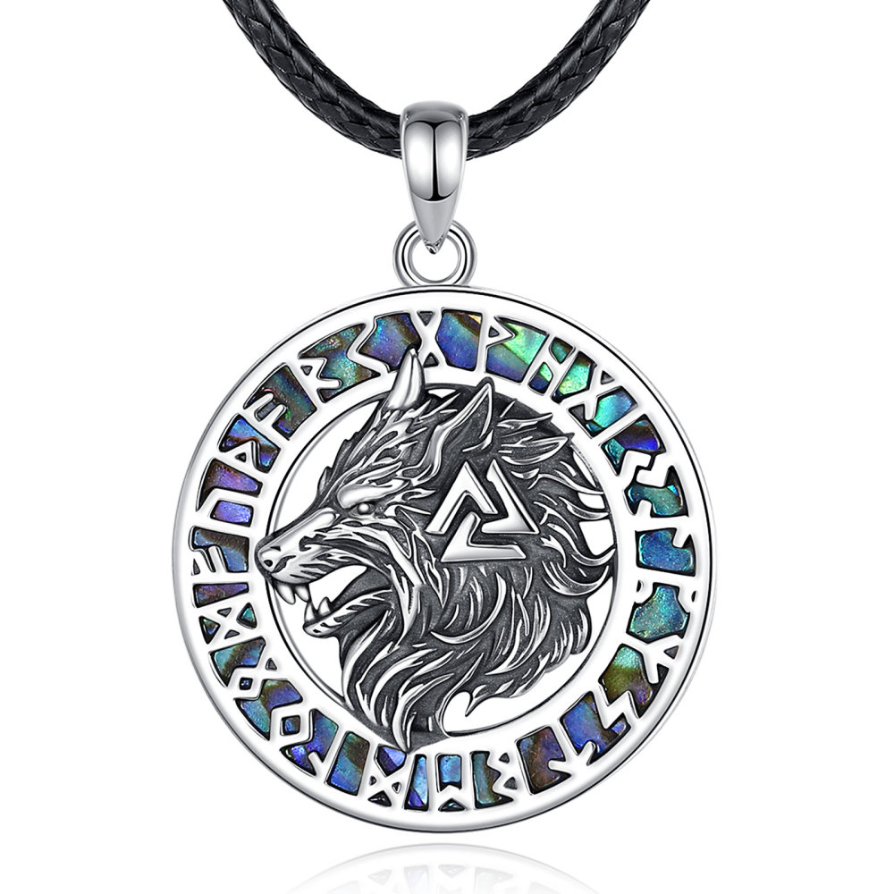 925 Sterling Silver Norse Viking Wolf Rune Pendant with Abalone Shell