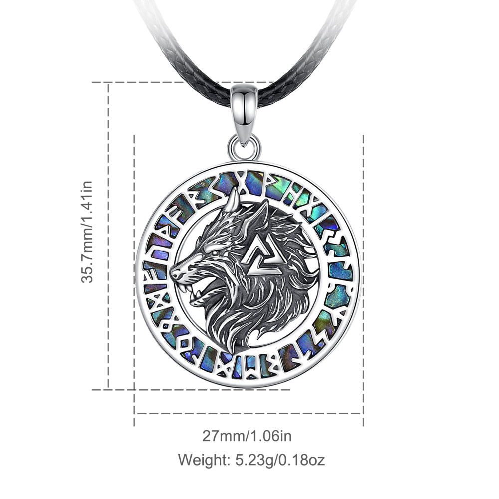 925 Sterling Silver Norse Viking Wolf Rune Pendant with Abalone Shell