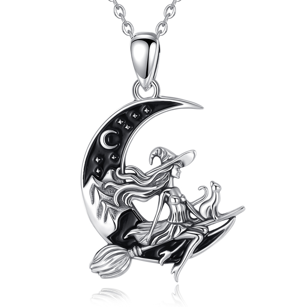925 Sterling Silver Moon Witch & Cat Crescent Pendant Necklace