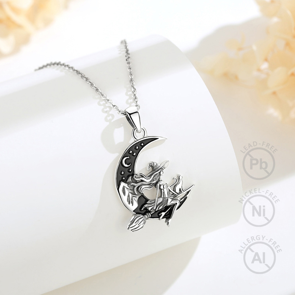 925 Sterling Silver Moon Witch & Cat Crescent Pendant Necklace