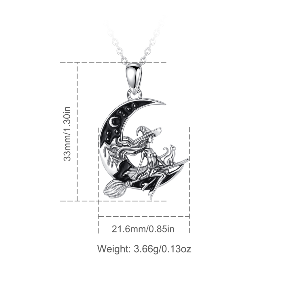 925 Sterling Silver Moon Witch & Cat Crescent Pendant Necklace