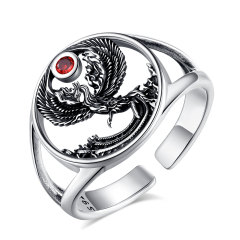 925 Sterling Silver Phoenix Rebirth Adjustable Ring with Red CZ