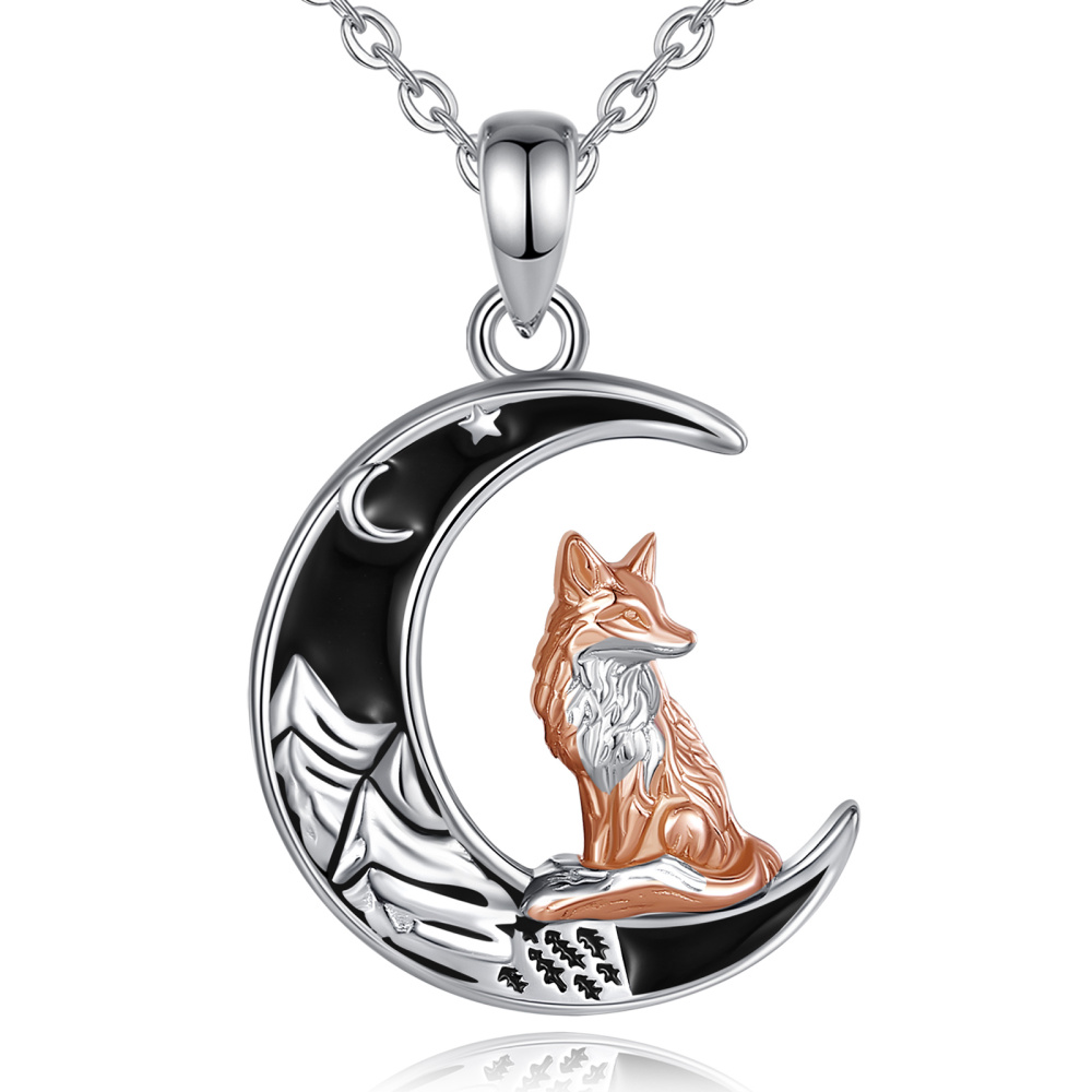 925 Sterling Silver Crescent Moon Fox Pendant with Black Enamel