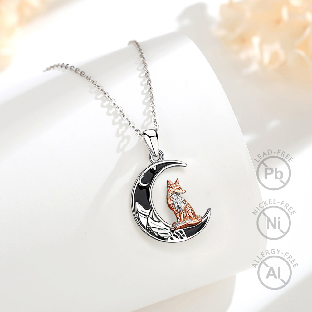 925 Sterling Silver Crescent Moon Fox Pendant with Black Enamel