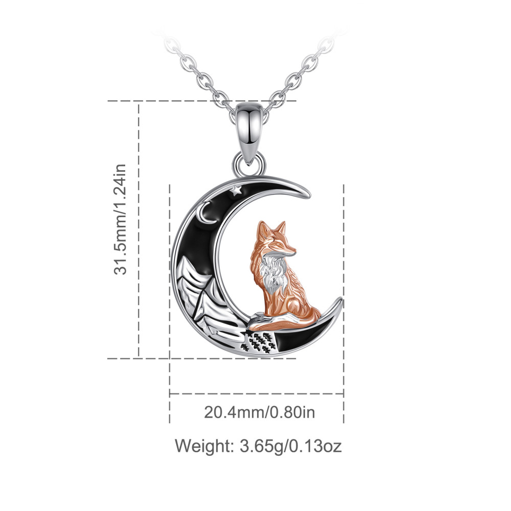 925 Sterling Silver Crescent Moon Fox Pendant with Black Enamel