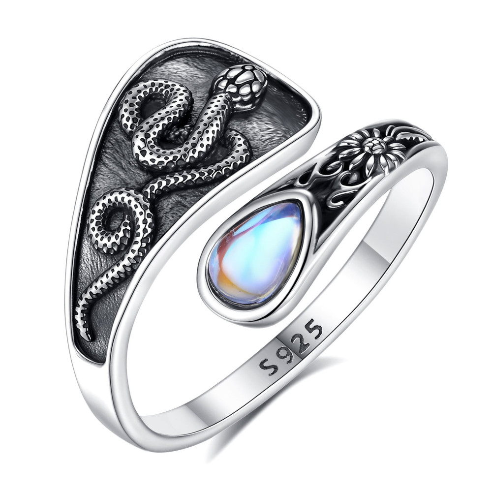 925 Sterling Silver Snake & Daisy Wrap Ring with Teardrop Moonstone