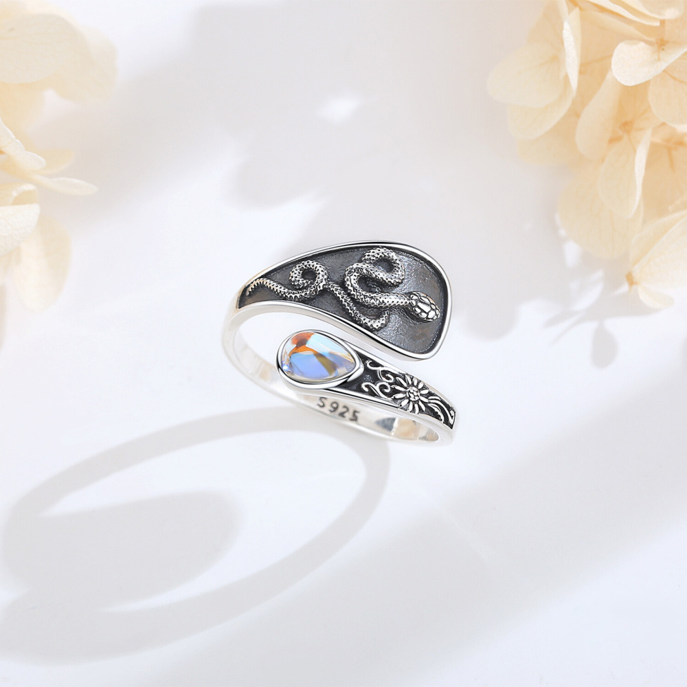 925 Sterling Silver Snake & Daisy Wrap Ring with Teardrop Moonstone
