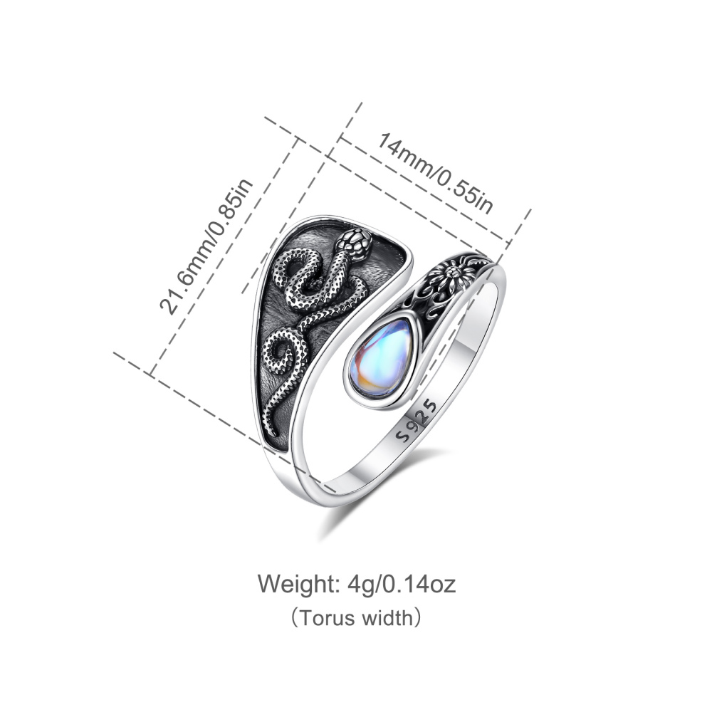 925 Sterling Silver Snake & Daisy Wrap Ring with Teardrop Moonstone