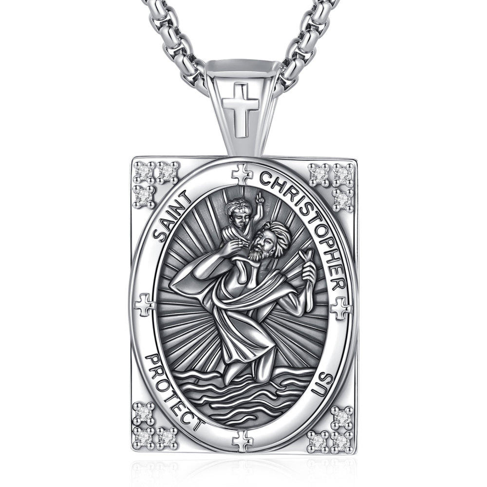 Rectangular Saint Christopher River Crossing Pendant with Cubic Zirconia