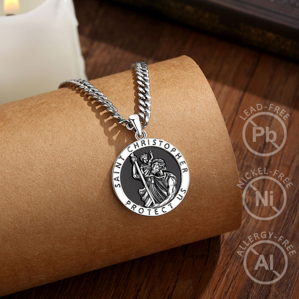 Saint Christopher River Crossing Medallion Pendant with Obsidian