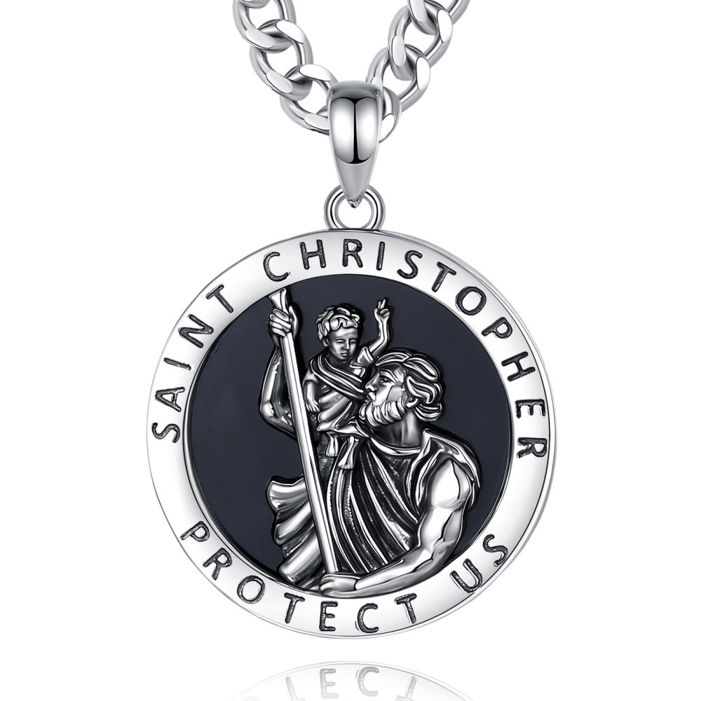 Saint Christopher River Crossing Medallion Pendant with Obsidian