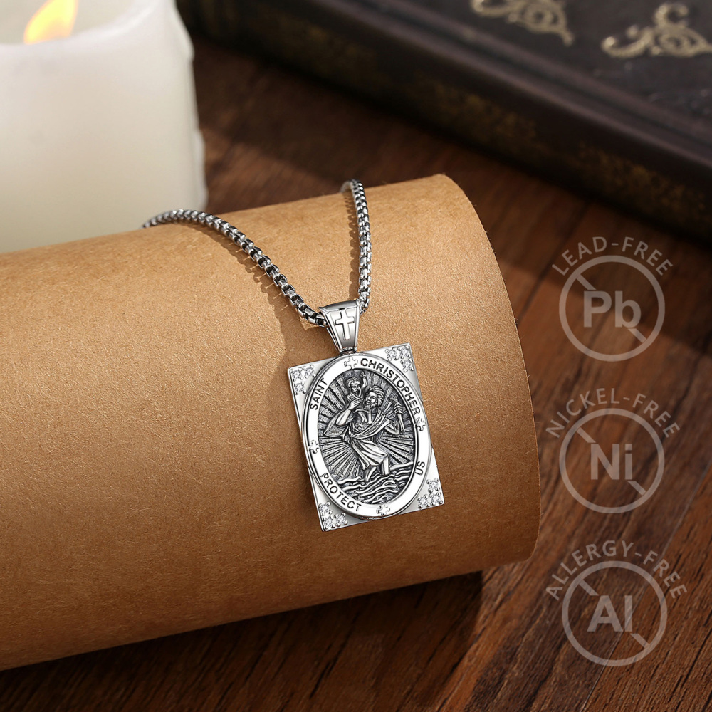 Rectangular Saint Christopher River Crossing Pendant with Cubic Zirconia