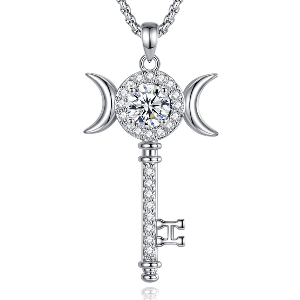 Triple Moon Hecate Key Pendant with Moissanite & Cubic Zirconia