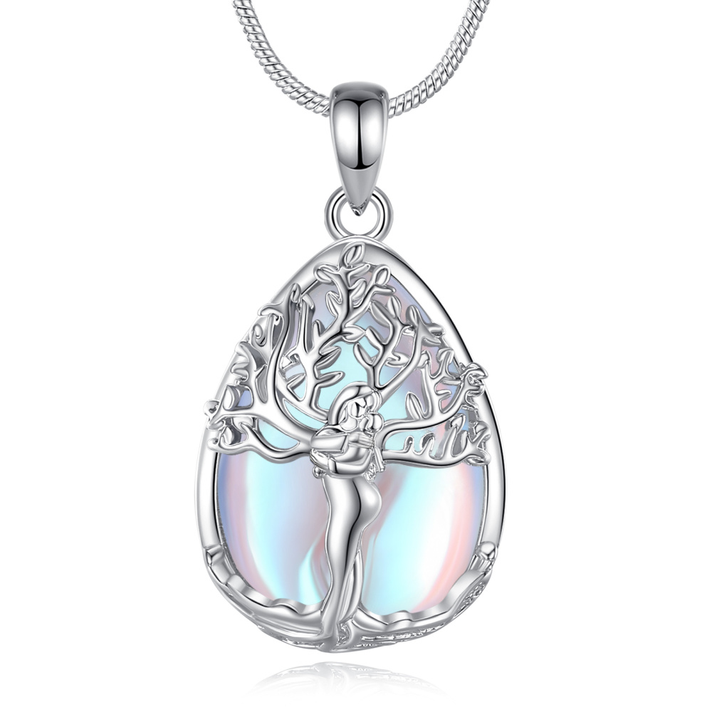 Rhodium-Plated Goddess Tree of Life Teardrop Pendant with Moonstone