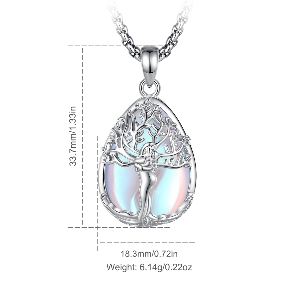Rhodium-Plated Goddess Tree of Life Teardrop Pendant with Moonstone