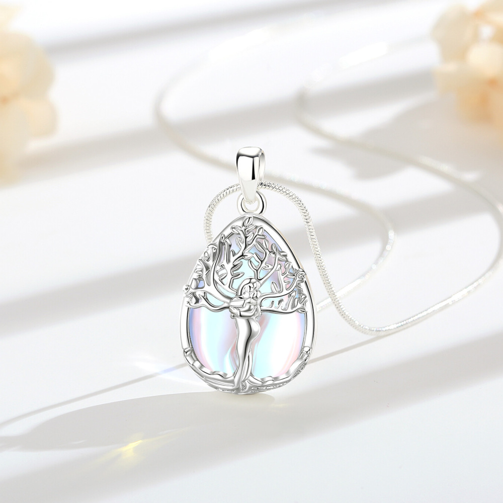 Rhodium-Plated Goddess Tree of Life Teardrop Pendant with Moonstone