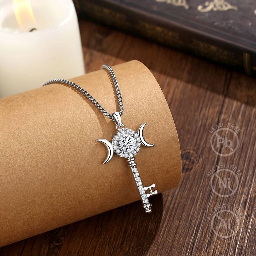 Triple Moon Hecate Key Pendant with Moissanite & Cubic Zirconia