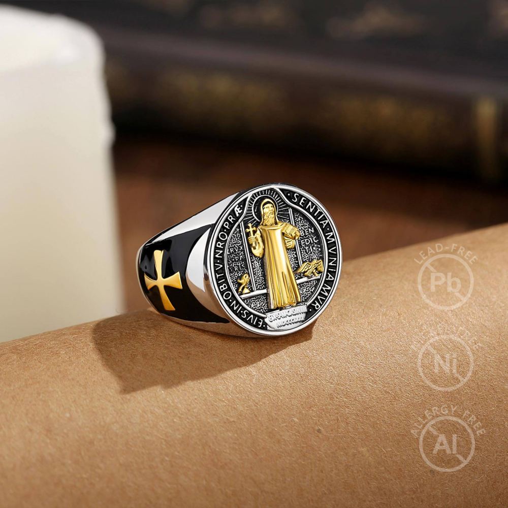 Catholic Devotion Signet Saint Benedict Figure Ring