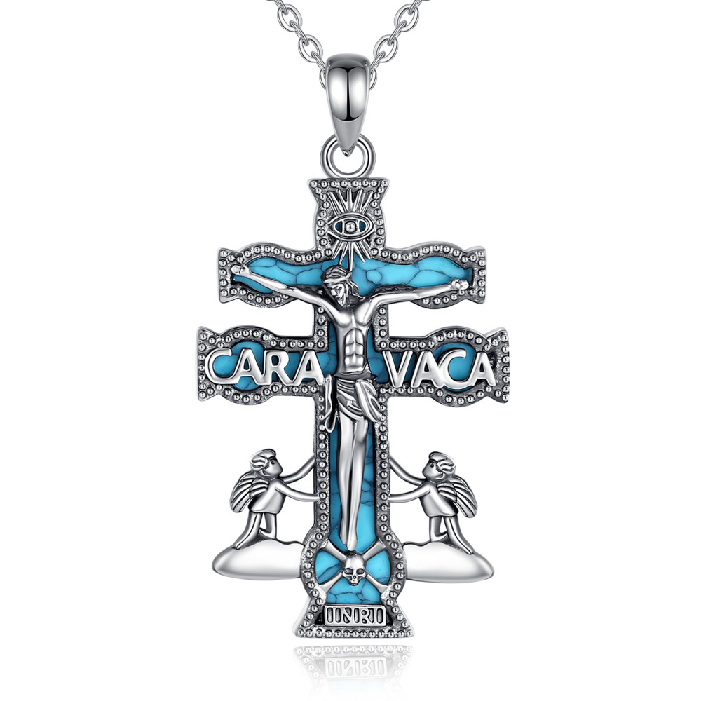925 Sterling Silver Caravaca Cross Pendant with Turquoise