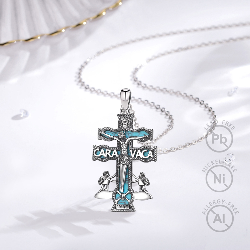 925 Sterling Silver Caravaca Cross Pendant with Turquoise