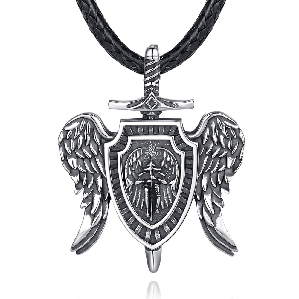 925 Sterling Silver Archangel Michael Shield & Wing Pendant