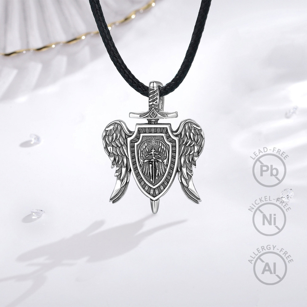 925 Sterling Silver Archangel Michael Shield & Wing Pendant