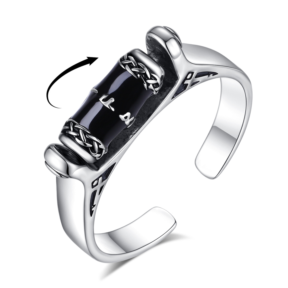 925 Sterling Silver Spinner Viking Runes Ring with Obsidian