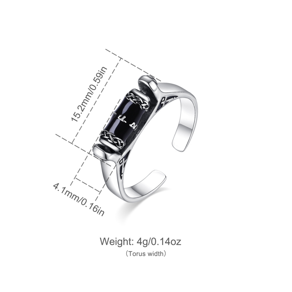 925 Sterling Silver Spinner Viking Runes Ring with Obsidian
