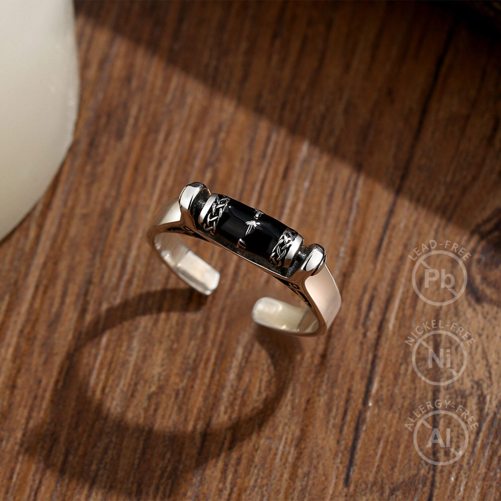 925 Sterling Silver Spinner Viking Runes Ring with Obsidian