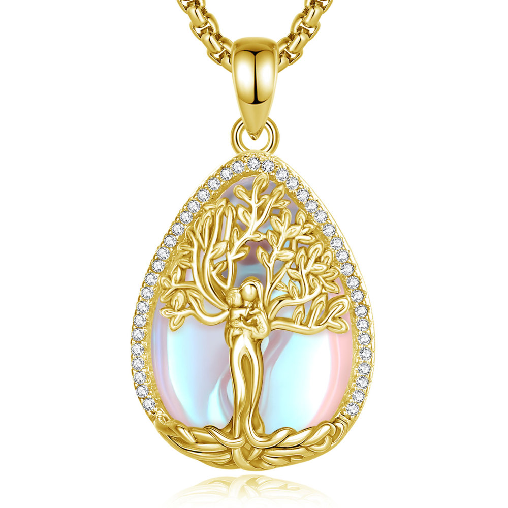 18K Gold Plated Ethereal Moonstone Tree of Life Teardrop Pendant