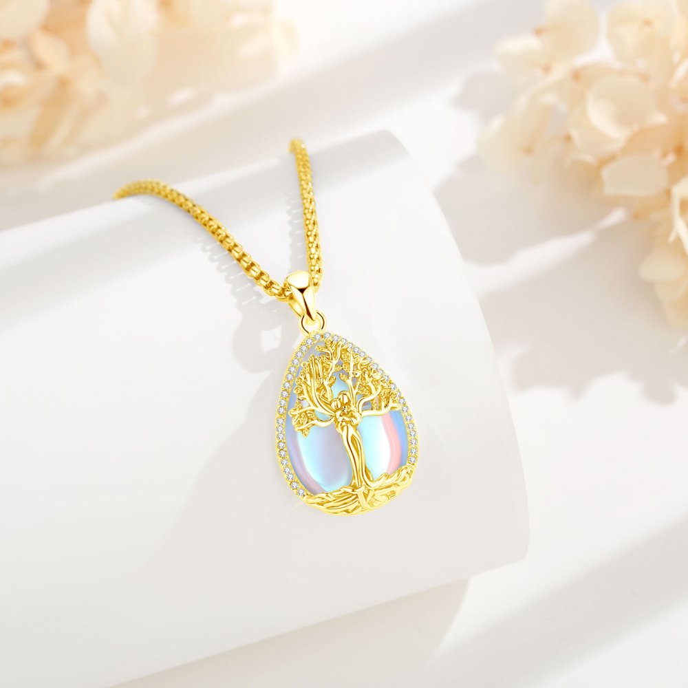 18K Gold Plated Ethereal Moonstone Tree of Life Teardrop Pendant