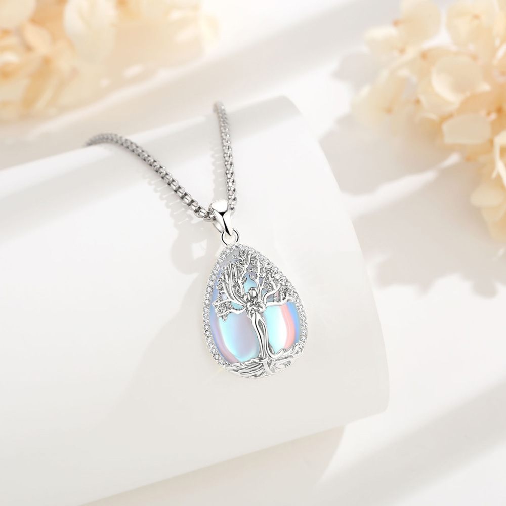 Rhodium Plated Tree of Life Teardrop Moonstone Pendant