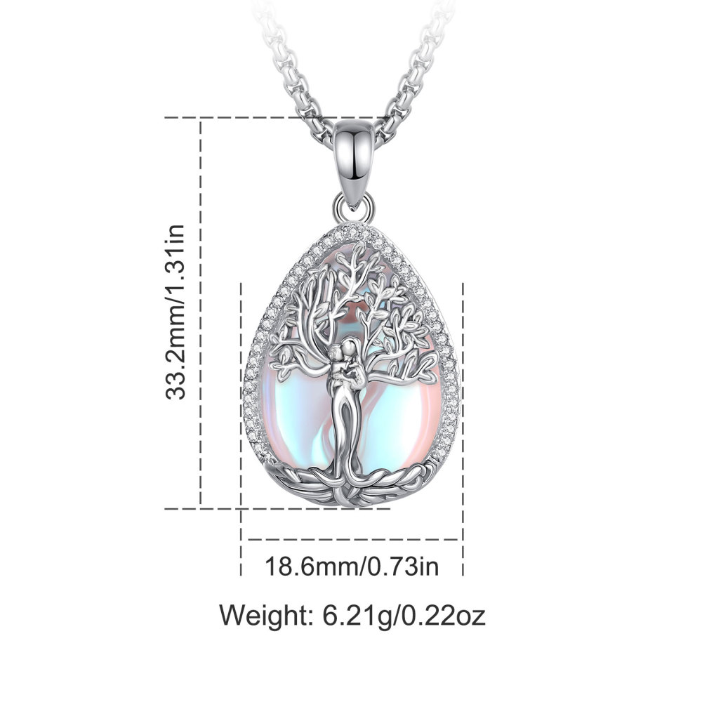 Rhodium Plated Tree of Life Teardrop Moonstone Pendant