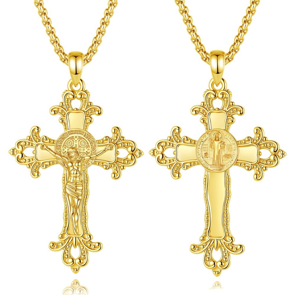 18K Gold Plated Crucifix Cross Pendant with Saint Benedict Medal