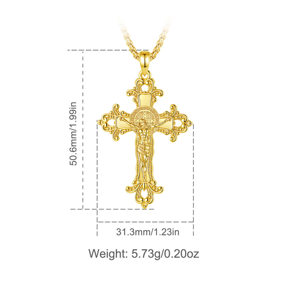 18K Gold Plated Crucifix Cross Pendant with Saint Benedict Medal
